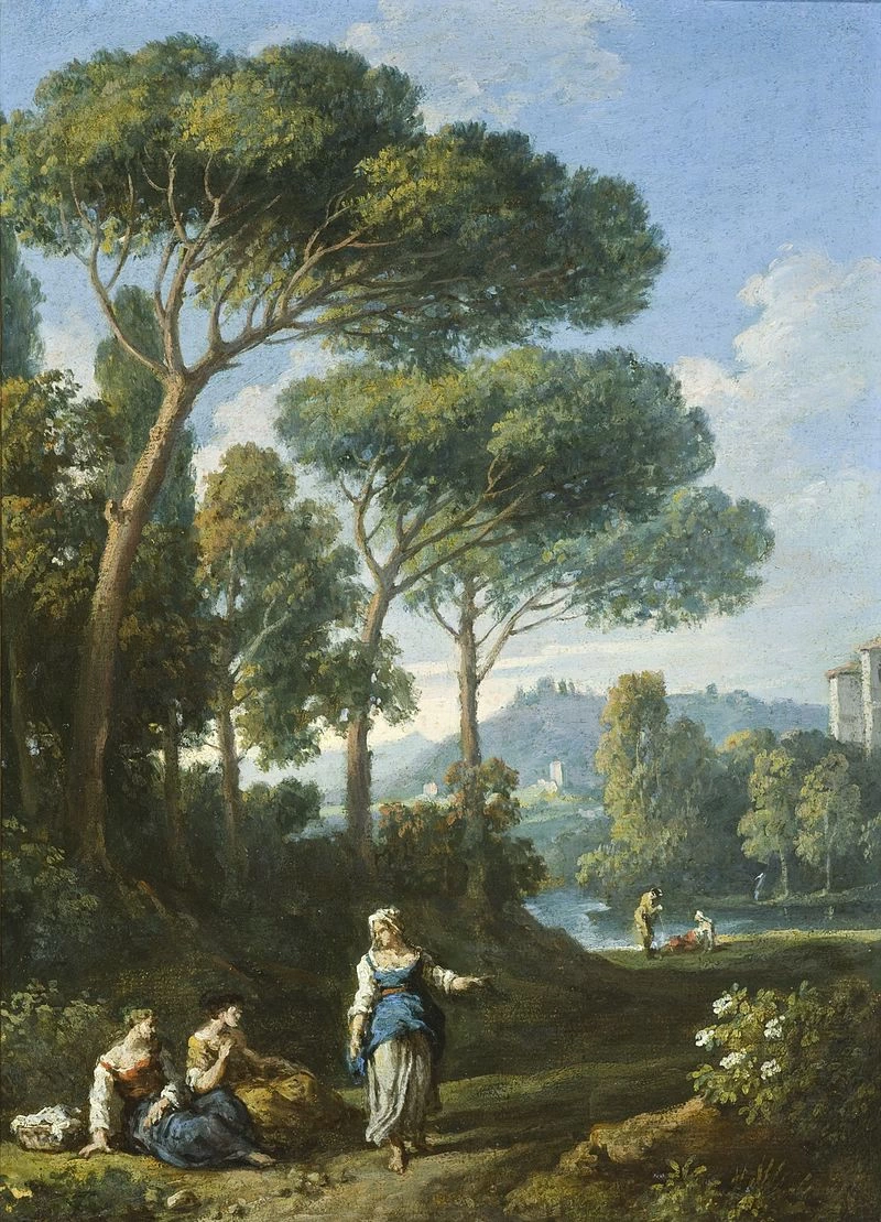 Vedute della campagna romana con figure che conversano